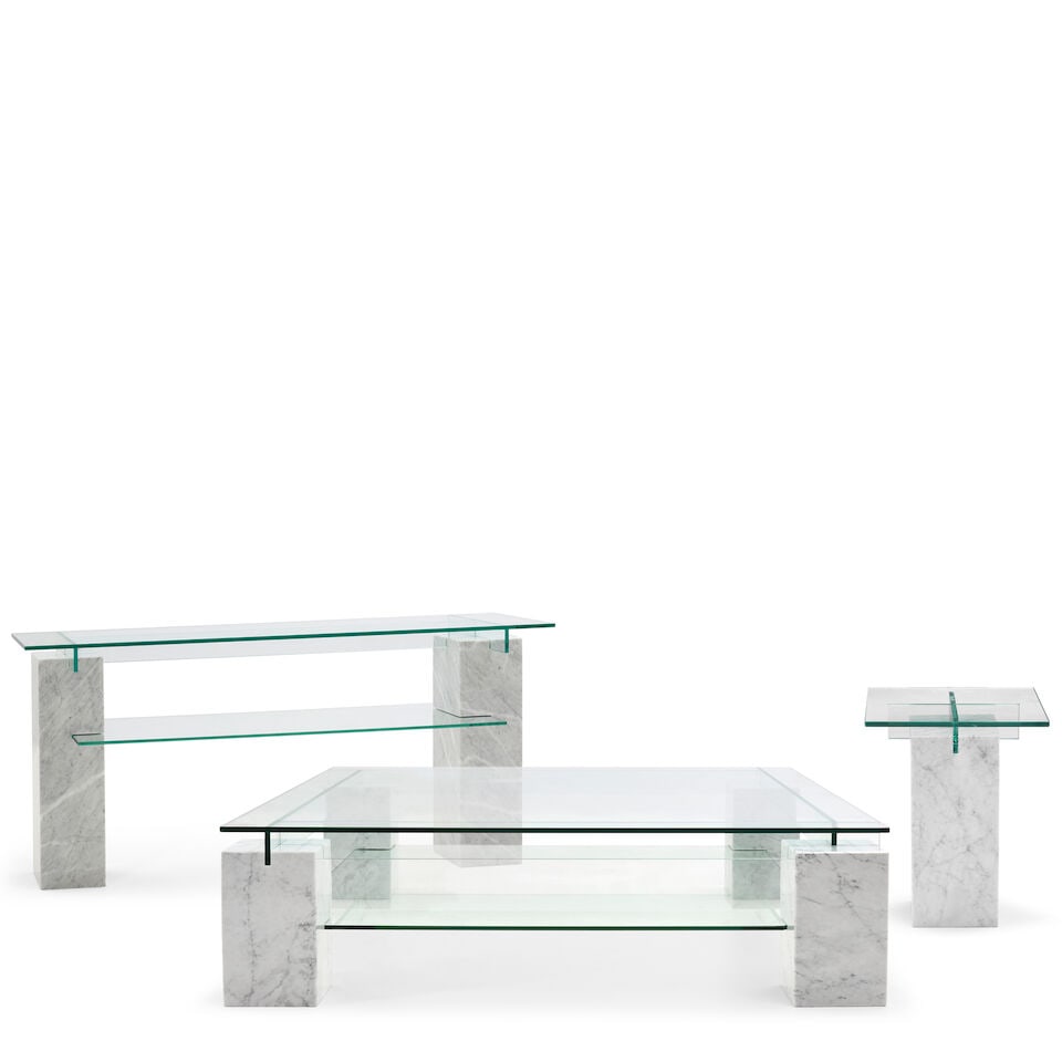 Three Contemporary Italian Carrara Marble and Glass Tables,: Three Contemporary Italian Carrara Marble and Glass Tables, coffee table, ht. 15, wd. 55 1/8, dp. 55 1/8; console table, ht. 29 5/8, wd. 63, dp. 15 7/8; occasional table, ht. 20, wd. 15 7/8, dp. 15 7/