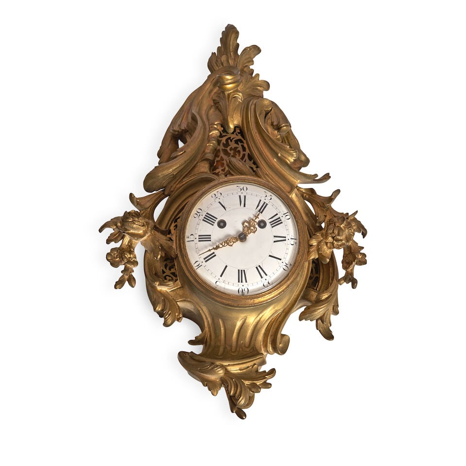 Louis XV Gilt Bronze Cartel Clock, France, late 19th century,: Louis XV Gilt Bronze Cartel Clock, France, late 19th century, floral and foliate case, stamped Roblin & Fils Frères A Paris, lg. 21 in. Footnotes: Roblin & Fils Frères (active mid-to-late 19