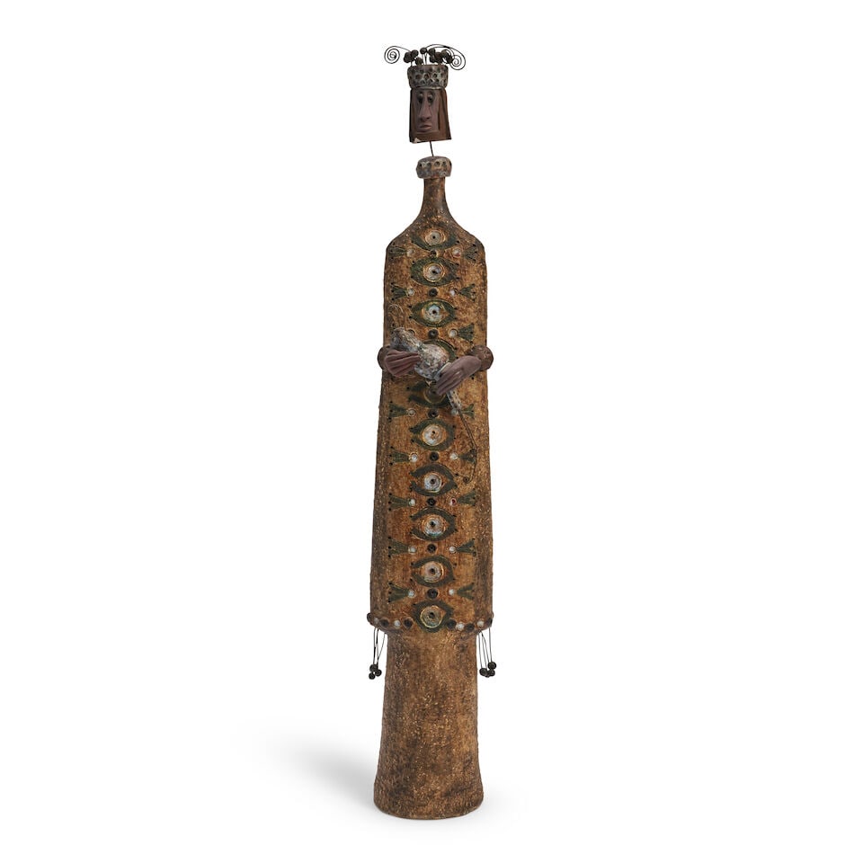 Raphael Giarrusso (1925-1986) For Accolay 'La Reine' Sculpture, Accolay, France, dated 1965, gla...: Raphael Giarrusso (1925-1986) For Accolay 'La Reine' Sculpture, Accolay, France, dated 1965, glazed ceramic, metal, incised artist's monogram and '65,' ht. 32 3/4 in. Footnotes: Private Collection,