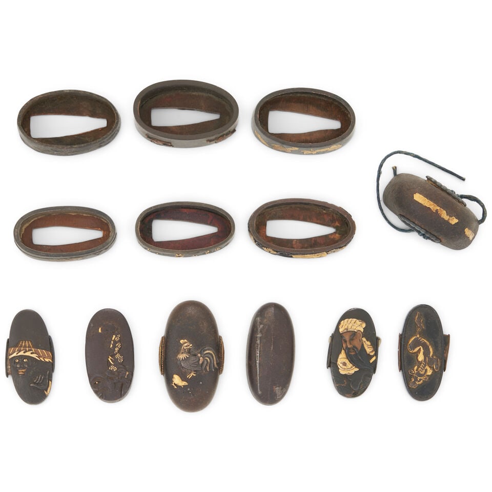 Thirteen Mixed-metal Fuchi and Kashira Japan, late Edo period (1615-1868) or Meiji era (1868-191...: Thirteen Mixed-metal Fuchi and Kashira Japan, late Edo period (1615-1868) or Meiji era (1868-1912), 19th century, Five shakudo fuchi, one signed; one shibuichi fuchi, signed; three shakudo kashira; an