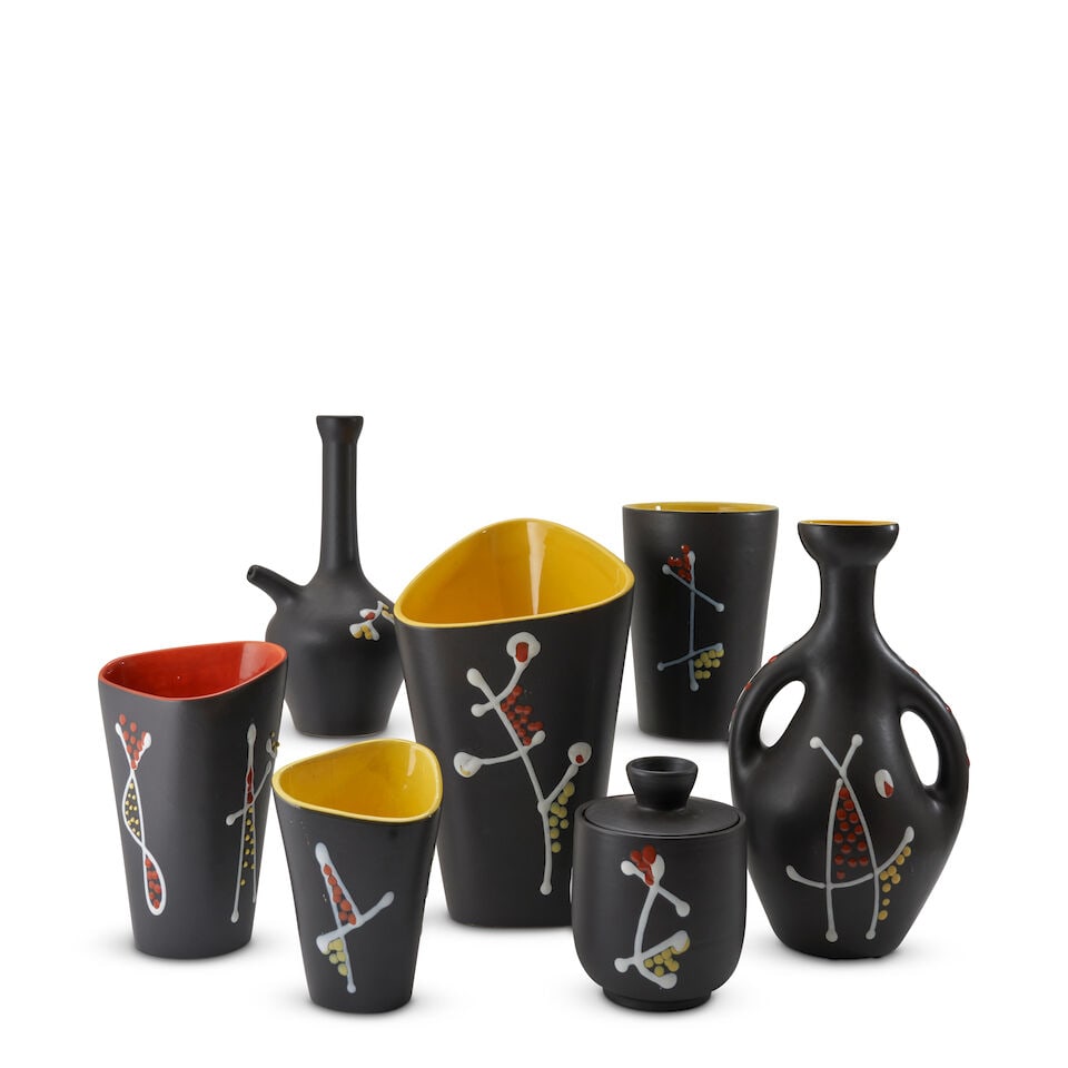 Seven Andre Baud (1903-1986) Vessels, Vallauris, France, c. 1950, glazed ceramic, five vases, a ... (1 of 4)