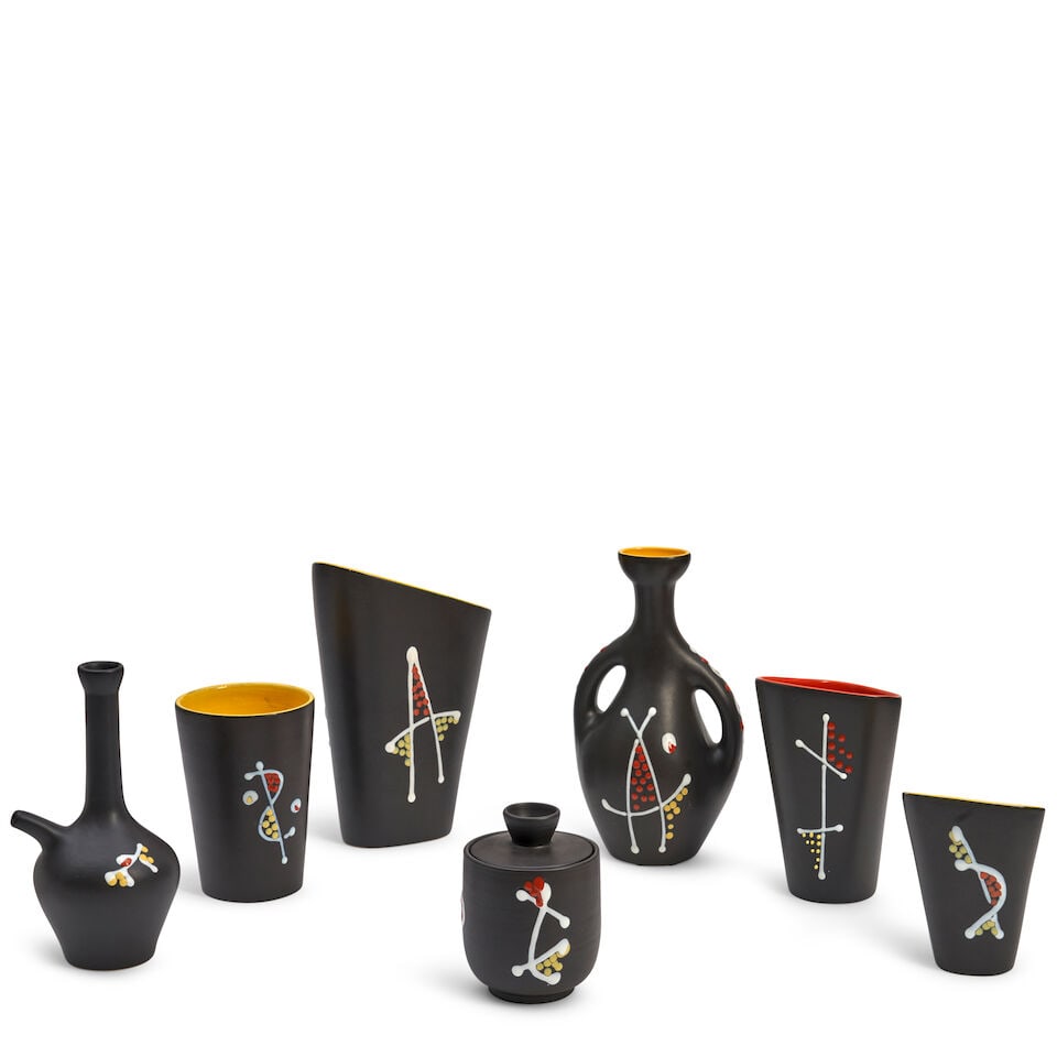 Seven Andre Baud (1903-1986) Vessels, Vallauris, France, c. 1950, glazed ceramic, five vases, a ... - 4