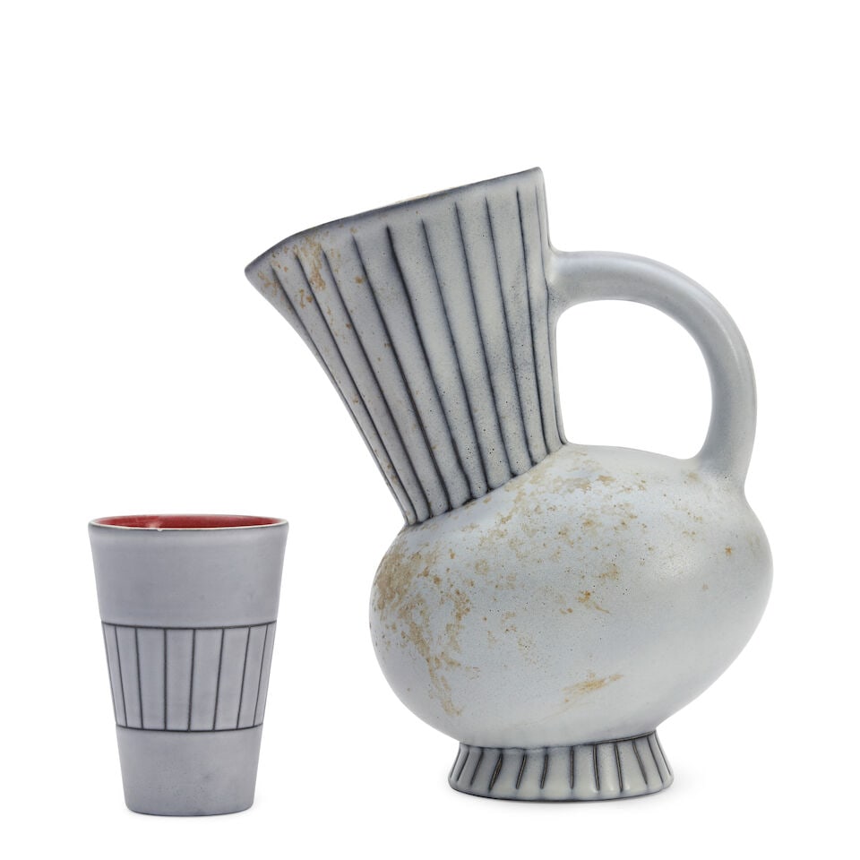 Andre Baud (1903-1986) Pitcher And Eight Cups, Vallauris, France, c. 1950, glazed ceramic, foot ... - 3