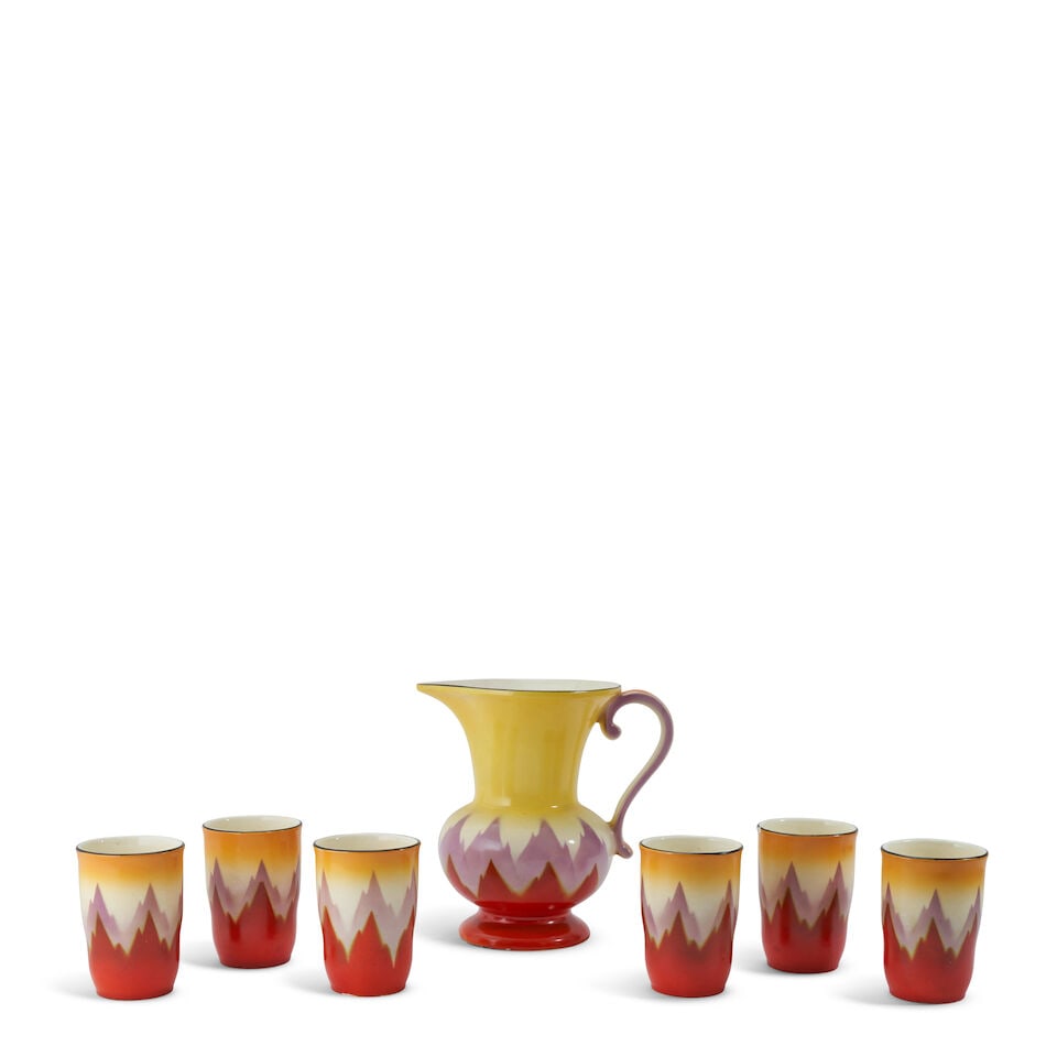 Seven-piece Ditmar Urbach Art Deco Drinks Set, Czech Republic, c. 1930, glazed ceramic, ink stam...: Seven-piece Ditmar Urbach Art Deco Drinks Set, Czech Republic, c. 1930, glazed ceramic, ink stamp marks 'Ditmar Urbach Made in Czechoslovakia,' pitcher, ht. 8, tumblers, ht. 4 1/8 in.