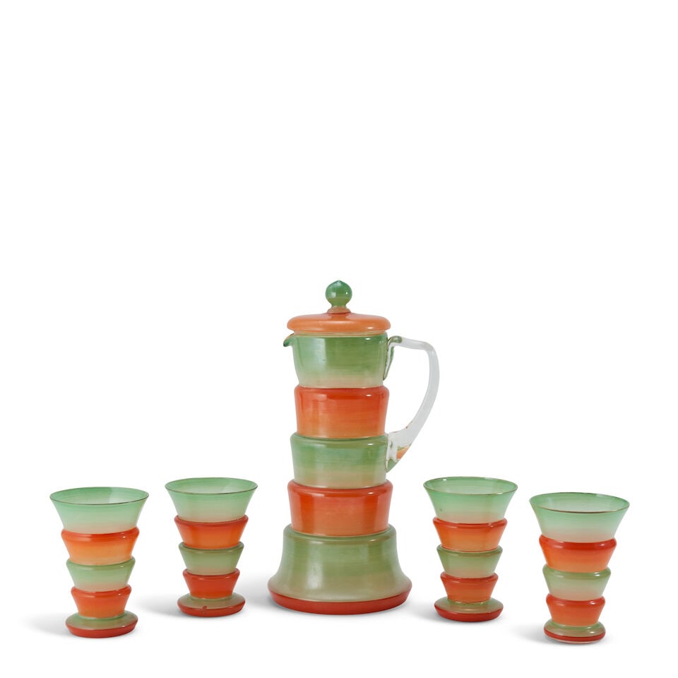 Czech Art Deco Glass Pitcher And Four Tumblers, Czech Republic, c. 1925, mold-blown glass, gilt ...: Czech Art Deco Glass Pitcher And Four Tumblers, Czech Republic, c. 1925, mold-blown glass, gilt highlights, all with ink stamp marks 'Made in Czecho-Slovakia,' pitcher, ht. 12 1/2, tumblers, ht. 5