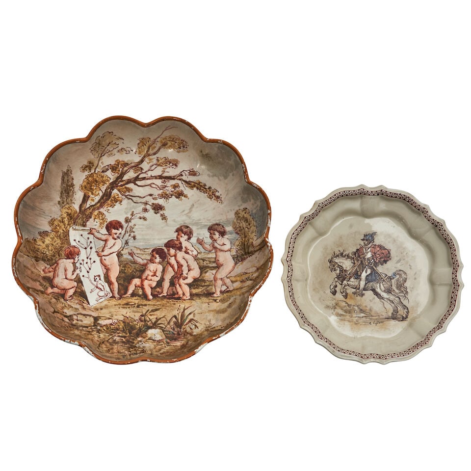 Two Emile Lessore Decorated Creamware Dishes, England, second half 19th century, - 2