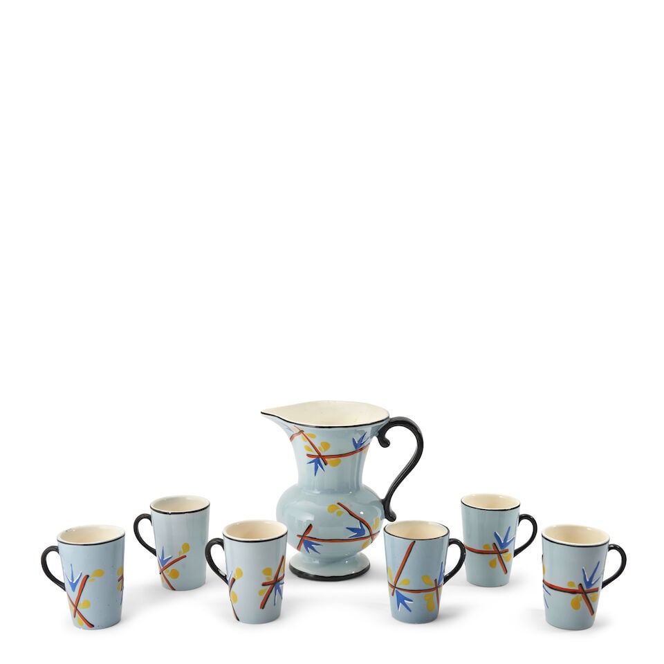 Seven-piece Czech Mid-century Modern Drinks Set, Czech Republic, c. 1955, enameled and glazed ce...: Seven-piece Czech Mid-century Modern Drinks Set, Czech Republic, c. 1955, enameled and glazed ceramic, six cups, ink stamp marks 'Czechoslovakia Hand-painted' and molded marks '10478,' ht. 4 1/8,