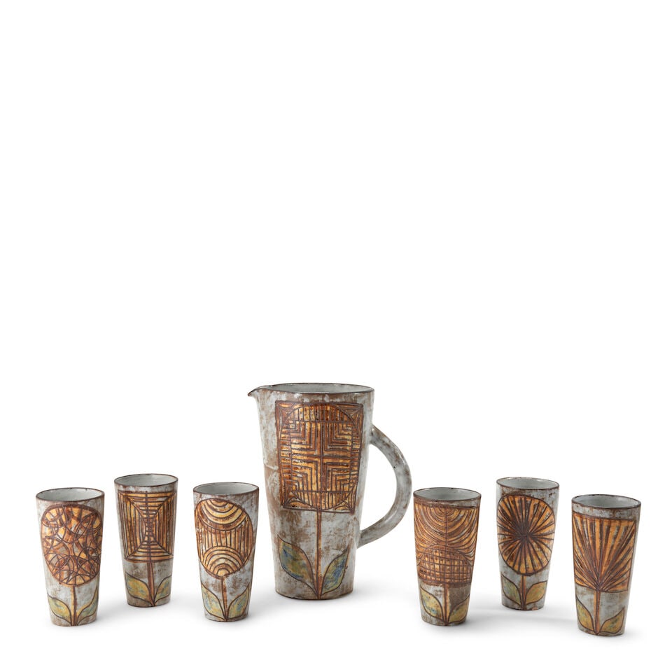 Alexandre Kostanda (1921-2007) Pitcher And Six Cups, Vallauris, France, c. 1965, glazed stonewar... (1 of 4)