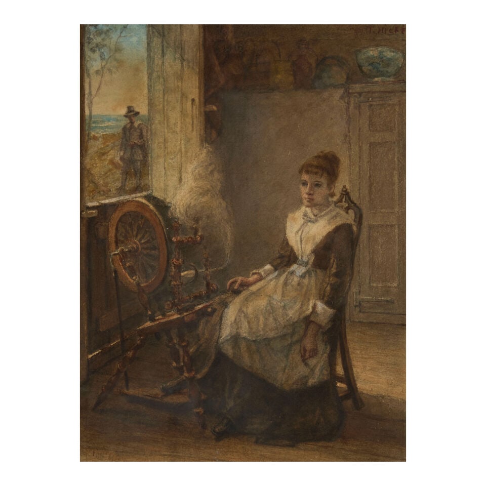 Thomas Hicks (American, 1823-1890) Pricilla Spinning and John Smith Approaching sight size 10 x... (1 of 4)