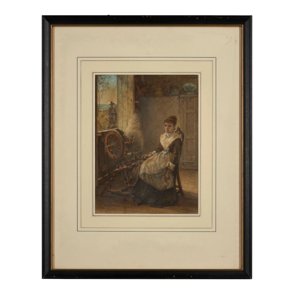 Thomas Hicks (American, 1823-1890) Pricilla Spinning and John Smith Approaching sight size 10 x... - 4