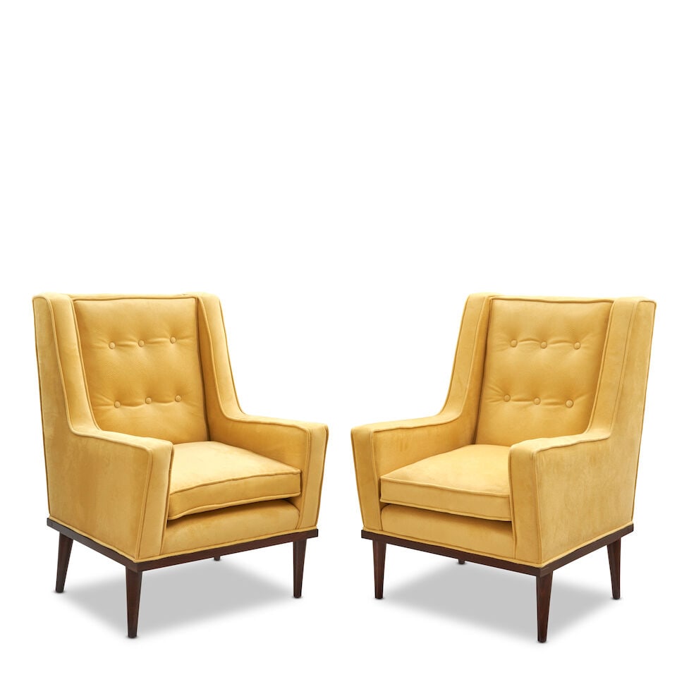 Pair Of Mid-century Modern Armchairs, c. 1960, walnut, velvet upholstery, unmarked, ht. 38, seat...: Pair Of Mid-century Modern Armchairs, c. 1960, walnut, velvet upholstery, unmarked, ht. 38, seat ht. 18 1/2, wd. 25, dp. 32 in. Lot to be sold without reserve. This lot is subject to the following lot