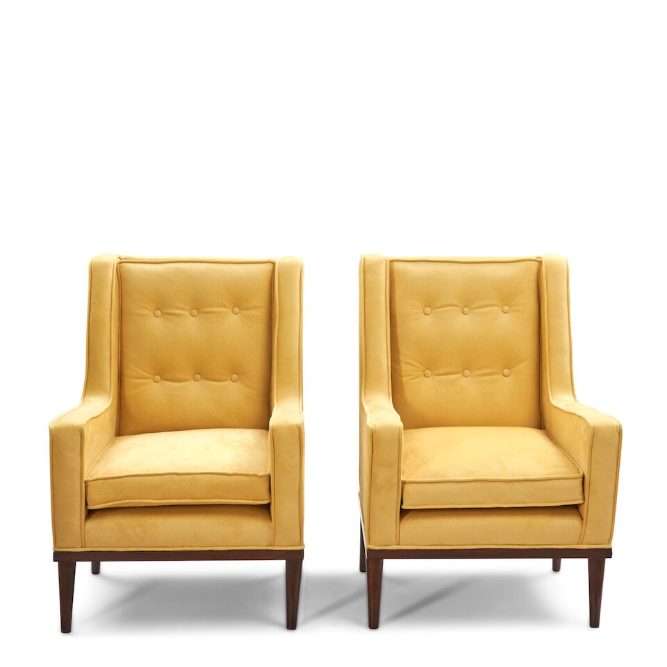 Pair Of Mid-century Modern Armchairs, c. 1960, walnut, velvet upholstery, unmarked, ht. 38, seat... - 2