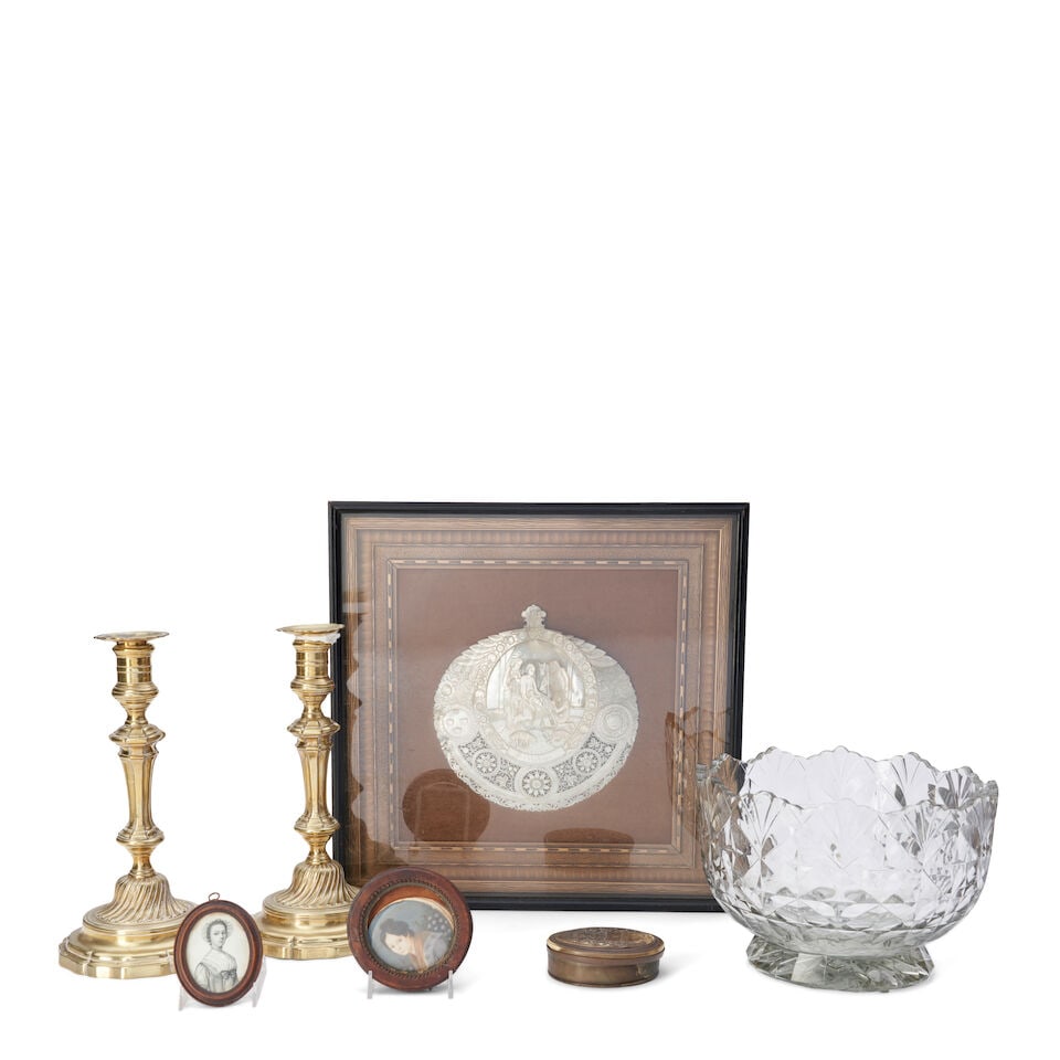 Group of Assorted Decorative Objects, 19th/20th century,: Group of Assorted Decorative Objects, 19th/20th century, comprising a framed carved mother-of-pearl plaque depicting a Nativity scene, two framed miniature hand-drawn female portraits, an English pres