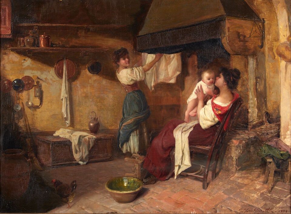 CARLO FACCHINETTI (Italian, 1870-1951) Admiring the New Arrival (framed 77.5 x 97.0 x 9.0 cm (30... (1 of 4)