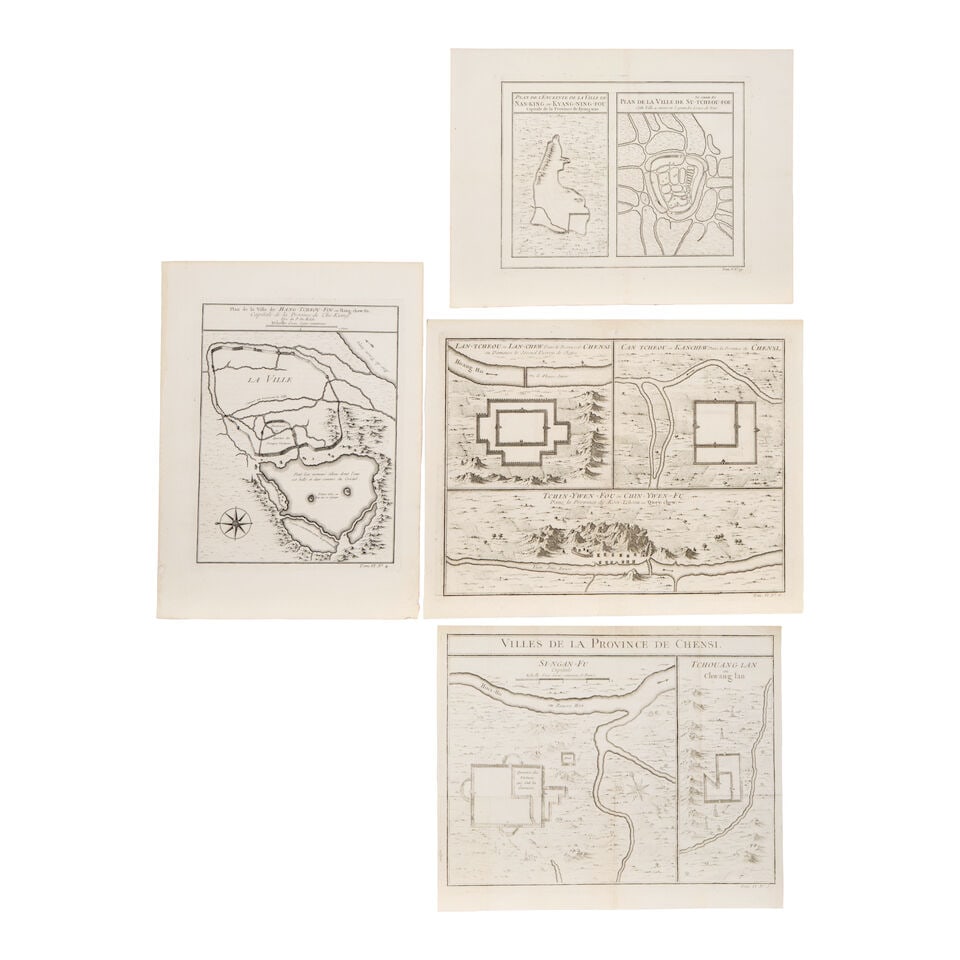 Jacques-Nicolas Bellin, Four Engraved Maps of Chinese Cities, 1748-1755: Jacques-Nicolas Bellin, Four Engraved Maps of Chinese Cities, 1748-1755 comprising an engraved sheet with maps of 'Lan-Tcheou,' 'Can Tcheou,' and 'Tchin-Ywen-Fou,' sheet size 9 1/2 x 12 1/4 in.; an