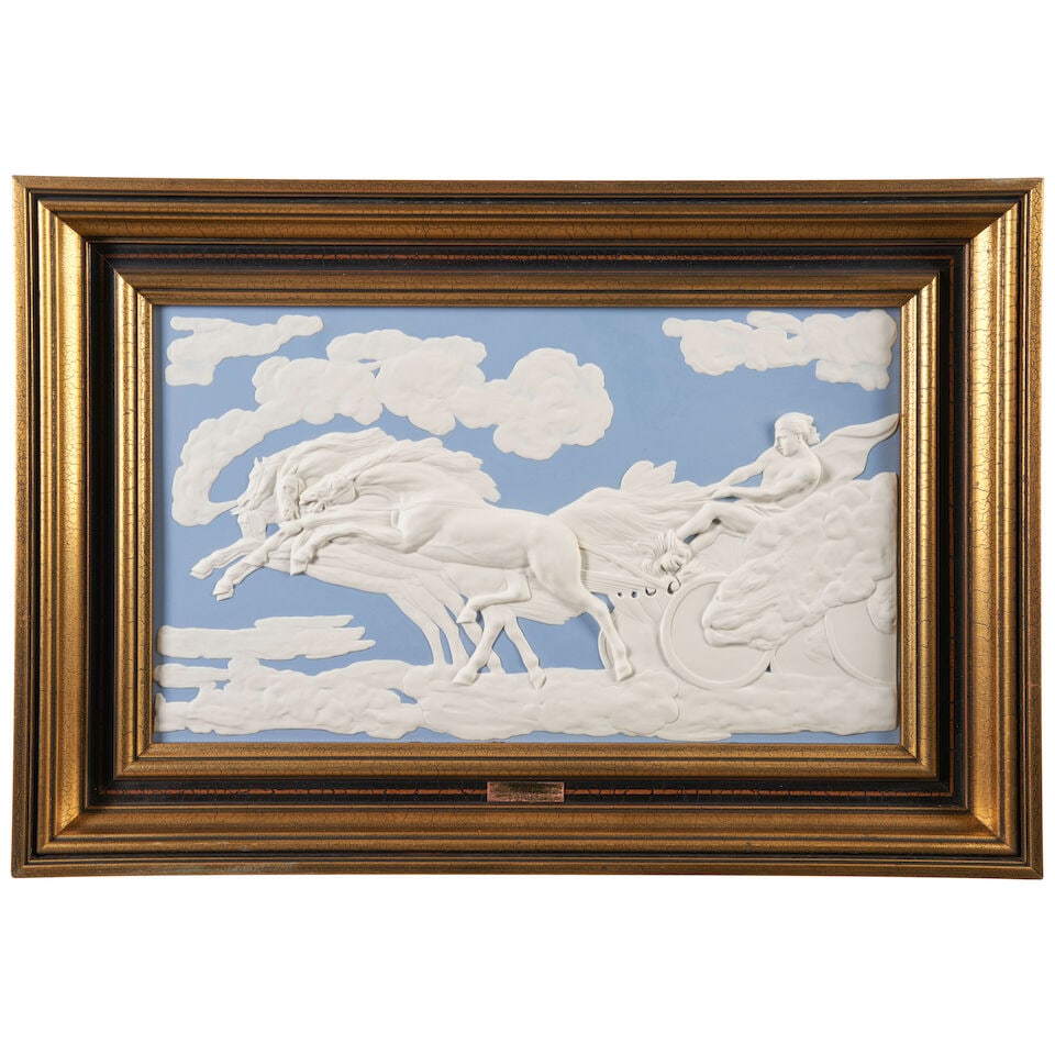 Modern Wedgwood 'Fall of Phaeton' Solid Blue Jasper Plaque, England, 1977,: Modern Wedgwood 'Fall of Phaeton' Solid Blue Jasper Plaque, England, 1977, applied white relief, numbered 158 in a limited edition of 200, rectangular shape, gilt wood frame, impressed mark, approx. p