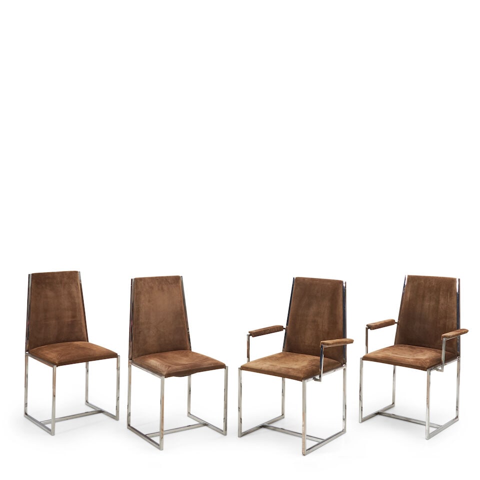 Modern Metal And Glass Dining Table With Four Chrome-framed Upholstered Chairs, Late 20th/early ... - 2