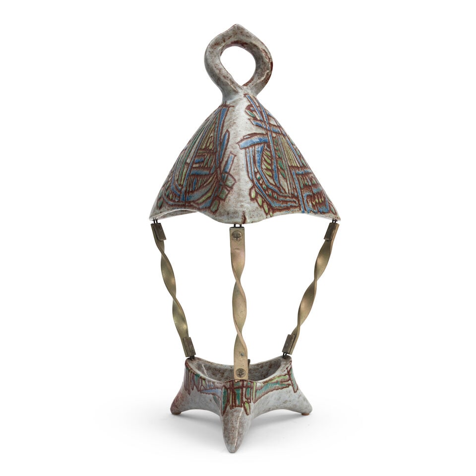 Accolay Lantern, Accolay, France, c. 1955, glazed ceramic, steel, single socket, unmarked, ht. 2...: Accolay Lantern, Accolay, France, c. 1955, glazed ceramic, steel, single socket, unmarked, ht. 24 1/2 in. Footnotes: Note Following World War II, a group of young ceramic artists settled in the small 
