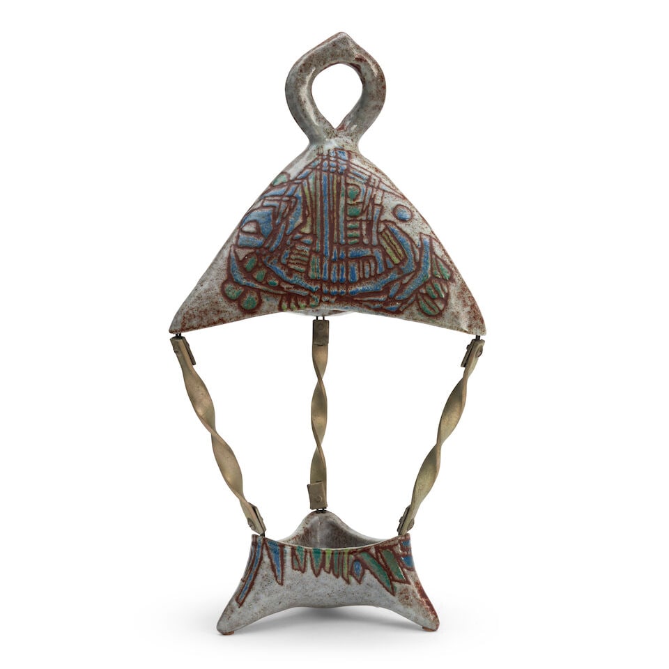Accolay Lantern, Accolay, France, c. 1955, glazed ceramic, steel, single socket, unmarked, ht. 2... - 3