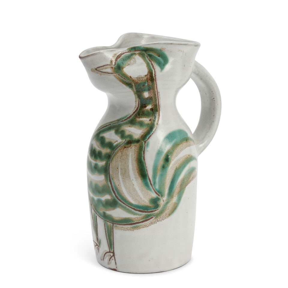 Atelier Du Grand Chene Pitcher, Vallauris, France, dated 1953, glazed earthenware, painted marks... (1 of 3)