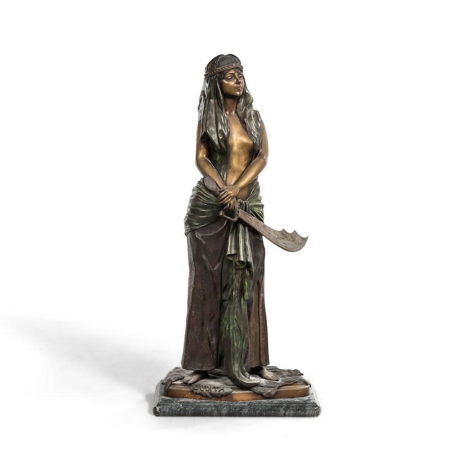 After Emmanuel Villanis (French, 1858-1914) Bronze Model of Judith,: After Emmanuel Villanis (French, 1858-1914) Bronze Model of Judith, early 20th century, the figure stands partially nude, wielding a sword, atop a lion skin, bronze base with title raise to forefront,