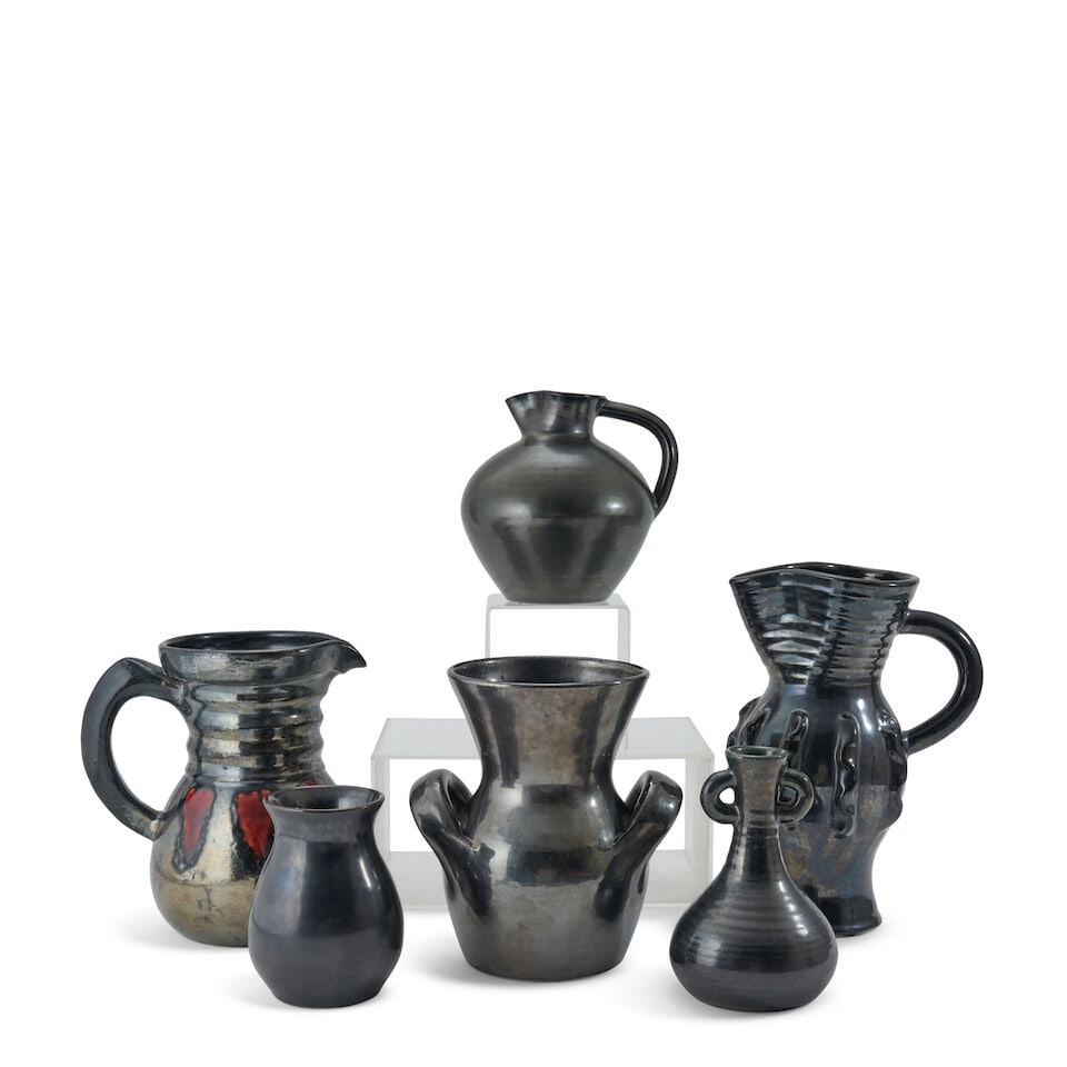 Six French Mid-century Modern Vessels, all ceramic with iridescent black glaze, vase with loop h...: Six French Mid-century Modern Vessels, all ceramic with iridescent black glaze, vase with loop handles, Robert Picault (1919-2000), Vallauris, c. 1960, glazed ceramic, impressed stamp mark 'Picault [i