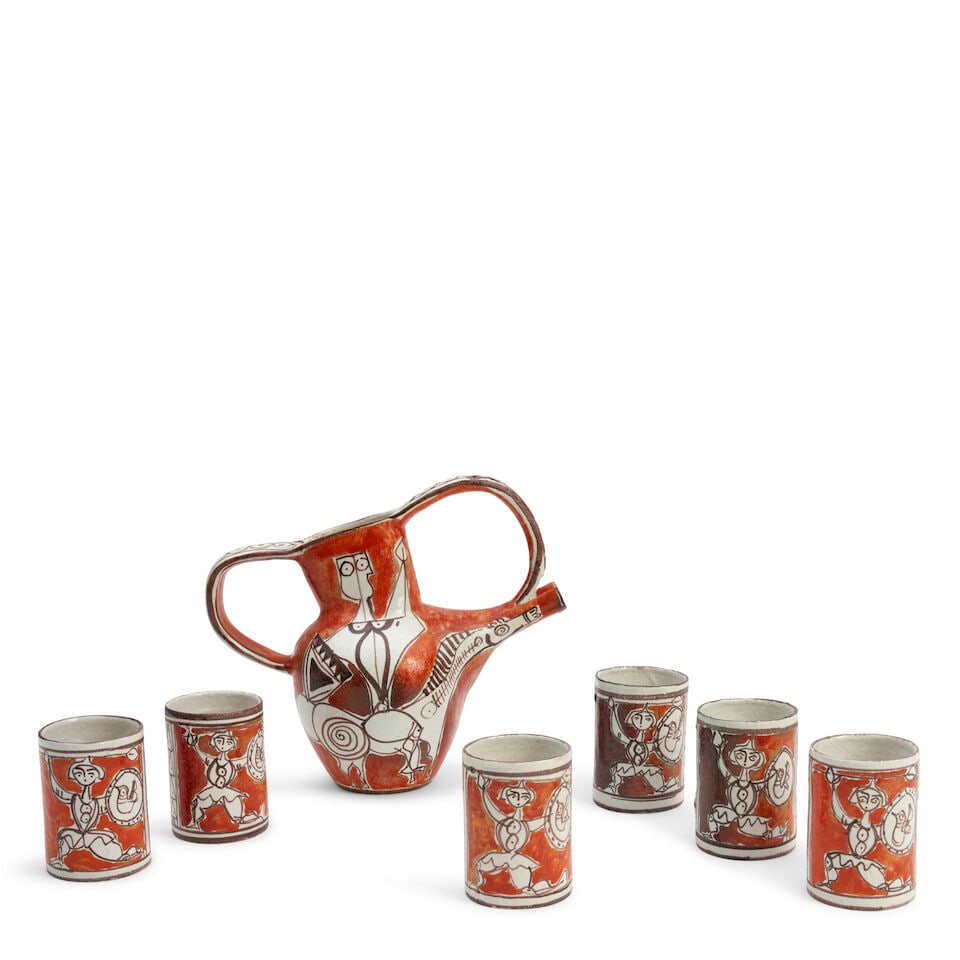 Giovanni Desimone (1930-1991) Pitcher And Six Cups Palermo, Italy, c. 1970, glazed ceramic, pitc... (1 of 3)