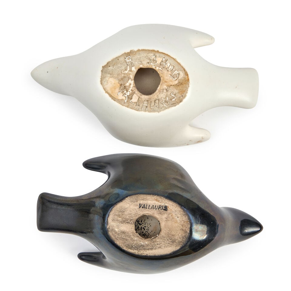 Six Andre Baud (1903-1986) Objects, Vallauris, France, c. 1950, glazed ceramics, two bottle-form... - 4