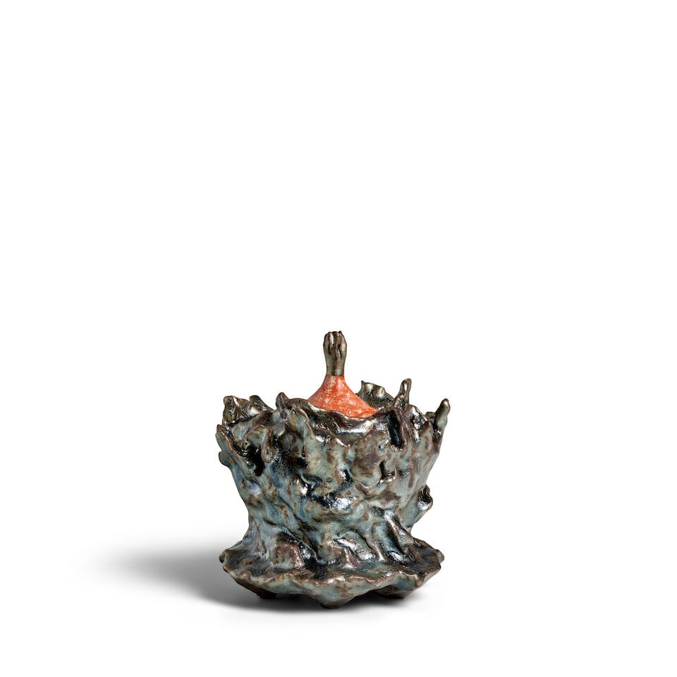 OKUMURA HIROMI 奥村博美 (B.1953) An Iridescent-Glazed 'Flame' Kōro ...: OKUMURA HIROMI 奥村博美 (B.1953) An Iridescent-Glazed 'Flame' Kōro (Incense Burner) Heisei era (1989-2019), 2018 The stoneware incense burner in dramatic flame form, the s