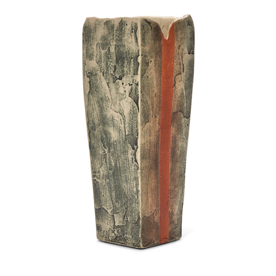 ICHINO MASAHIKO 市野雅彦 (B.1961) A Columnar Saidei (Colored Clay) Vase ...: ICHINO MASAHIKO 市野雅彦 (B.1961) A Columnar Saidei (Colored Clay) Vase Heisei era (1989-2019), early 20th century The tall four-sided vase modeled in low relief, inset with a