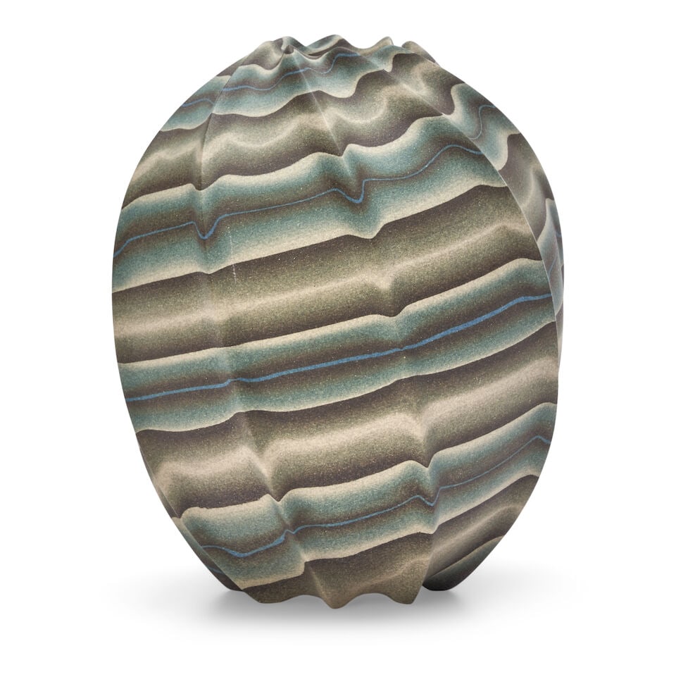 OGATA KAMIO 尾形香三夫 (1949-2022) A Nerikomi (Marbleized) Striped...: OGATA KAMIO 尾形香三夫 (1949-2022) A Nerikomi (Marbleized) Striped Hanaike (Flower Vase) Heisei era (1989-2019), 2009 Formed from multiple stacked layers of different-col