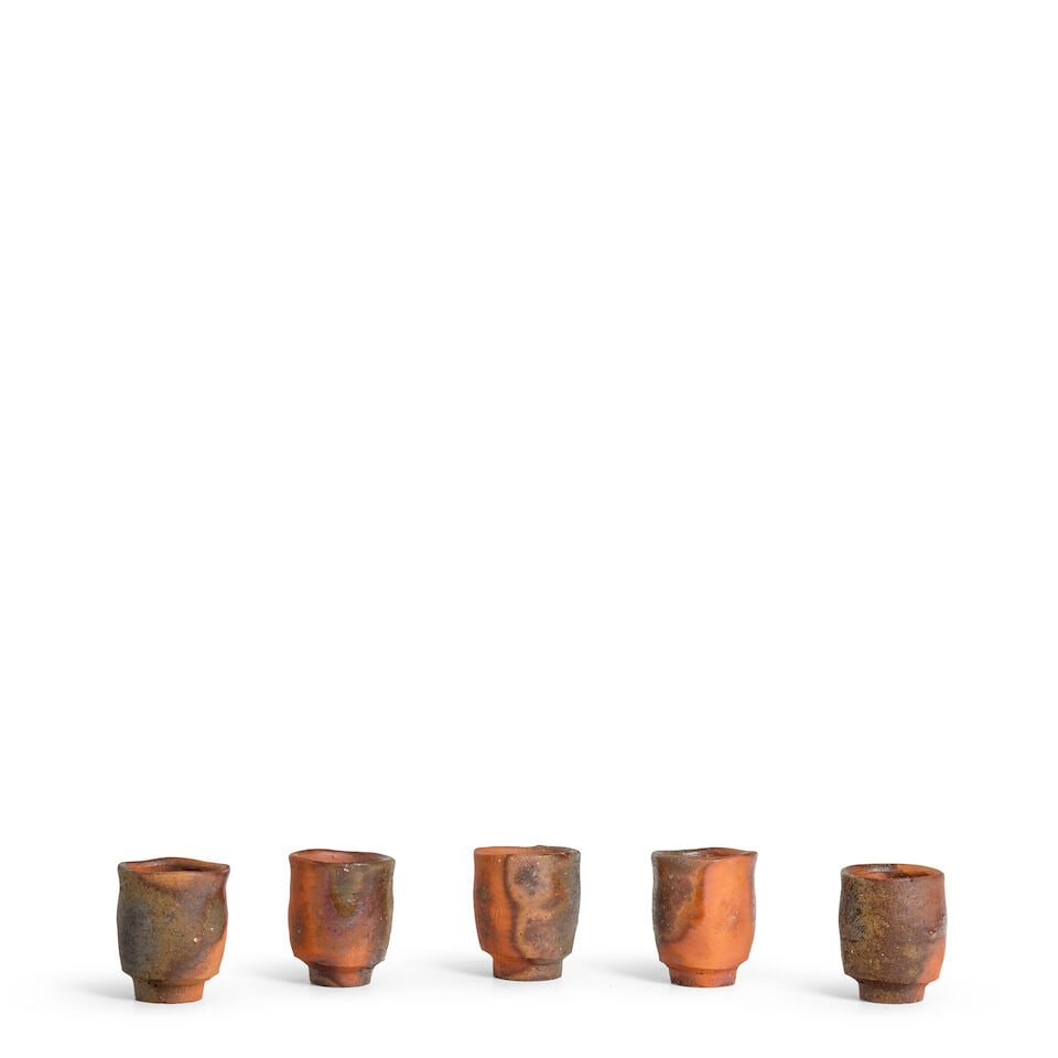 MORI TŌGAKU (B.1937) A Set of Five Bizen-Ware Sake Cups Showa (1926-1989) or Heisei (1989-2...: MORI TŌGAKU (B.1937) A Set of Five Bizen-Ware Sake Cups Showa (1926-1989) or Heisei (1989-2019) era, late 20th/early 21st century A set of five stoneware guinomi of standard contemporary Bizen fo