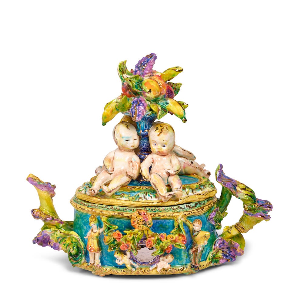 BETH KATLEMAN (BORN 1959) Dance Party (Teapot)2001glazed earthenware, signed in black 'B. Katelm...: BETH KATLEMAN (BORN 1959) Dance Party (Teapot) 2001 glazed earthenware, signed in black 'B. Katelman 01' on underside height 13 1/4in (34.3cm); width 15 1/4in (38.7cm); depth 7 3/4in