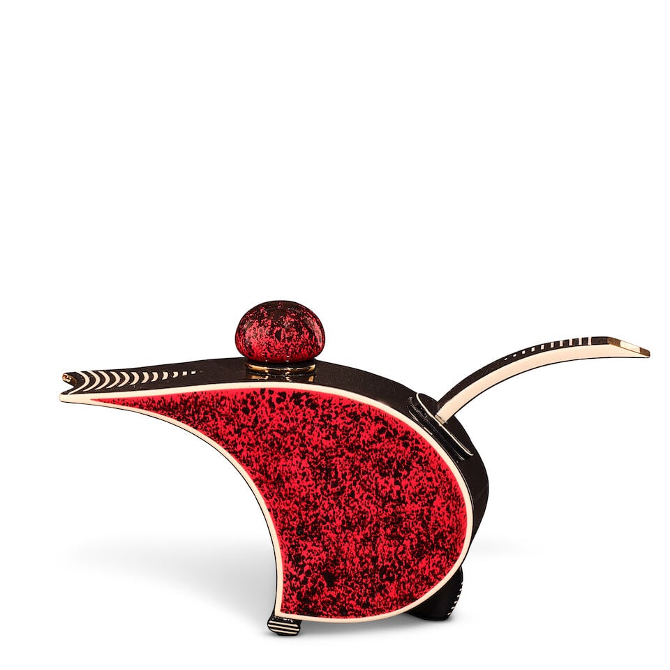 PORNTIP SANGVANICH (BORN 1959) Red and Black Teapot 2004porcelain, parcel-gilt, signed in gold '...: PORNTIP SANGVANICH (BORN 1959) Red and Black Teapot 2004 porcelain, parcel-gilt, signed in gold 'Porntip Sangvanich. 2004.' on underside of base and lid height 14 1/8in (35.9cm); width 12 1/2in