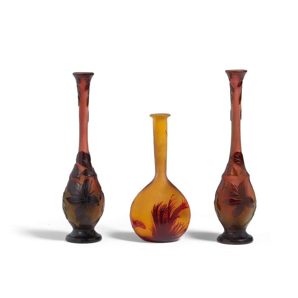 ÉMILE GALLÉ (1846-1904) Group of Three Stick Neck Vasescirca 1900cameo glass, each sig... - 2