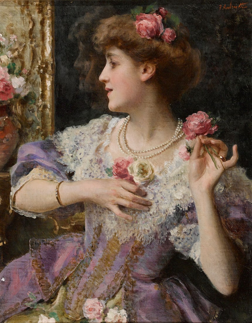 Attributed to Federico Andreotti (Italian, 1847-1930) A moment's reflection 16 x 13in (40.6 x 33cm): Attributed to Federico Andreotti (Italian, 1847-1930) A moment's reflection bears signature 'F. Andreotti' (upper right) oil on canvas 16 x 13in (40.6 x 33cm) Lot to be sold without reserve. This