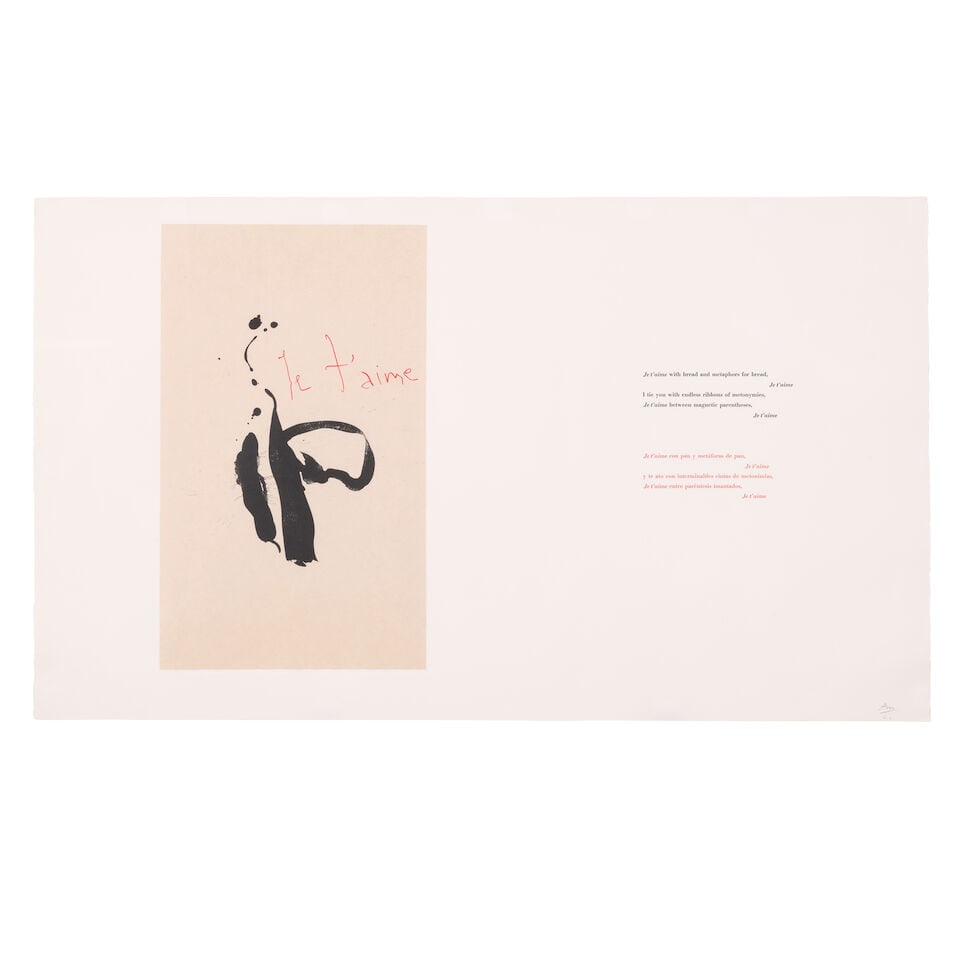 Robert Motherwell (1915-1991); Je t'aime, from Three Poems;: Robert Motherwell (1915-1991) Je t'aime, from Three Poems (Engberg/Banach 409, Belknap 375), 1988 Lithograph in colors with handmade Japanese chine appliqué on Arches support, initialed in pencil