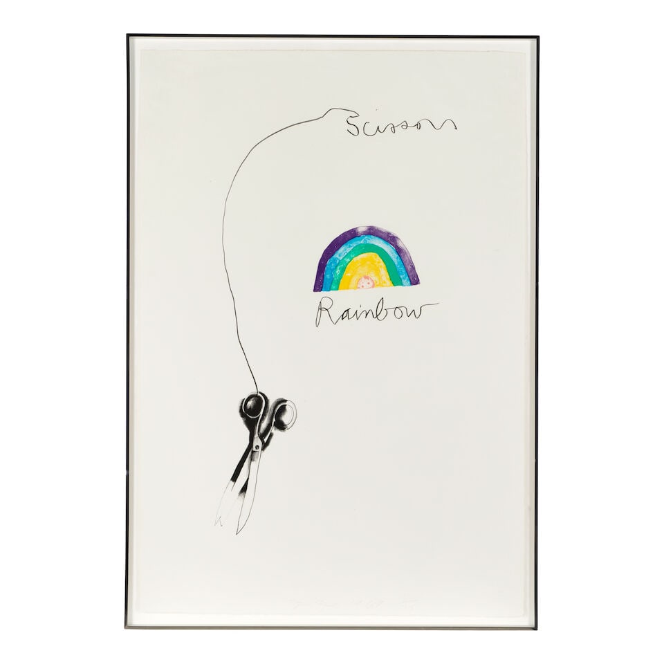 Jim Dine (born 1935); Scissors and Rainbow;: Jim Dine (born 1935) Scissors and Rainbow, 1969 Lithograph in colors on J. Green paper, signed in pencil, dated and numbered 21/75, with full margins, framed. 31 x 17in (78.7 x 43.2cm) sheet 40 1/4 x