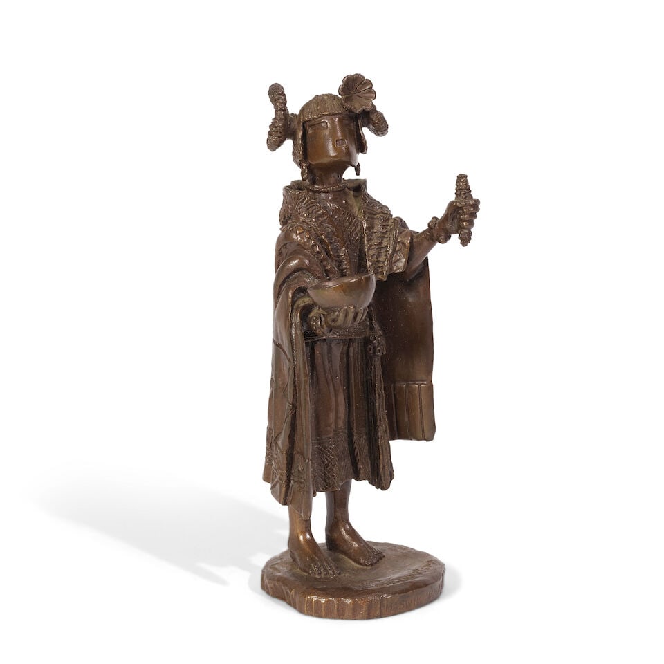 A Cecil Calnimptewa bronze sculpture, 1984: Cecil Calnimptewa, Jr. Hopi-Tewa, (b. 1950), Untitled (Corn Maiden), 1984, bronze sculpture, edition 10 of 25, signed, dated and numbered on the integral base. height 10 1/2in, width 3 1/2in Lot to