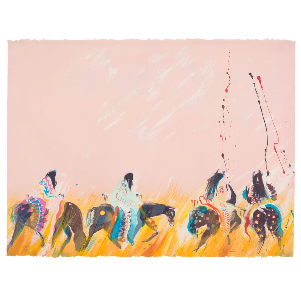 An Earl Biss, Jr. serigraph, 'Summer Move,' 1978: Earl Biss, Jr. Apsáalooke (Crow), (1947-1998), 'Summer Move,' 1978, serigraph on paper framed under glass, edition 85 of 100, numbered lower left, signed and dated lower right: Biss. paper: