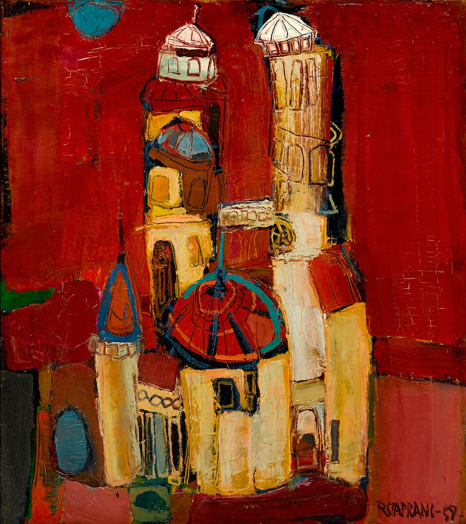 RAIMONDS STAPRANS (1926-2026) Houses with Blue Sun, 1959 25 3/16 x 22 1/8 in.: RAIMONDS STAPRANS (1926-2026) Houses with Blue Sun, 1959 signed and dated 'R STAPRANS -59-' (lower right) oil on canvas 25 3/16 x 22 1/8 in. Footnotes: Provenance Mark Hoffman, Maxwell Galleries,