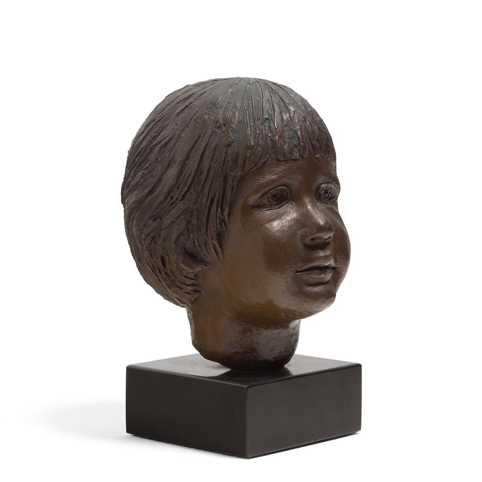 Lois Cooper Sloan (1926-2012) Head of a Child 8 1/2 x 7 x 7 in. (Modeled and cast in 1987.): Lois Cooper Sloan (1926-2012) Head of a Child signed with initials and dated 'LBC 87' (along the neck) bronze with brown patina 8 1/2 x 7 x 7 in. Modeled and cast in