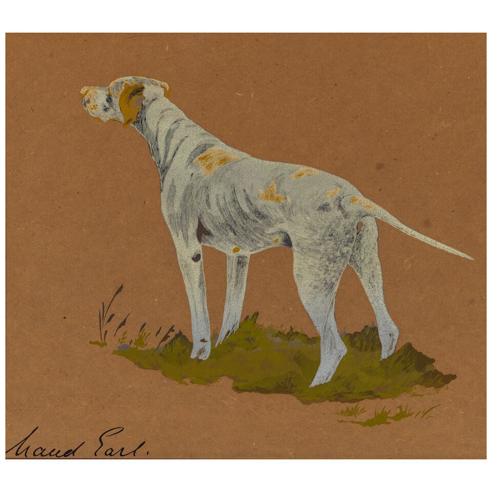 Maud Earl (1864-1943); Untitled (Dog);: Maud Earl (1864-1943) Untitled (Dog), n.d. Screenprint in colors on cardboard, with artist's printed signature, with margins, framed. sight 13 1/4 x 15 1/4in (33.7 x 38.7cm) Lot to be sold without