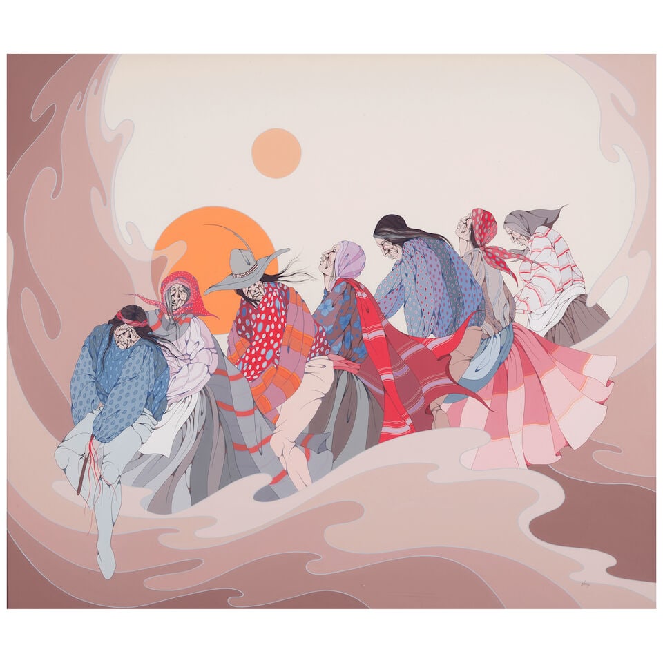 A Diane O'Leary painting: Diane O'Leary (Opeche-Nah-Se) Irish/Comanche, (1935-2013), untitled (elders), gouache on illustration board framed under glass, signed lower right: OLeary. sight: height 29 1/2in, width 34 1/2in Lot