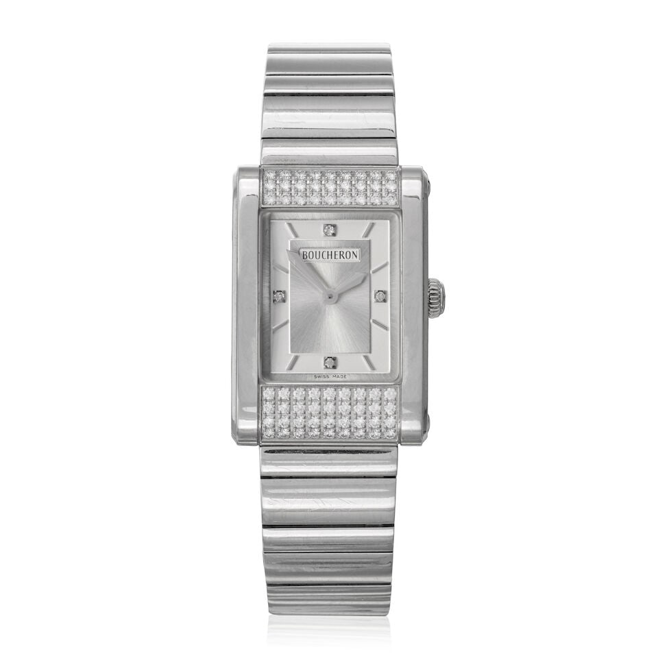 Boucheron. A stainless steel and diamond set quartz bracelet watch Reflect, Purchased 29th Apri...: Boucheron. A stainless steel and diamond set quartz bracelet watch Model: Reflect Date: Purchased 29th April 2005 Movement: 7-jewel Cal.032 quartz Dial: Silvered, diamond set quarters Case: Polished