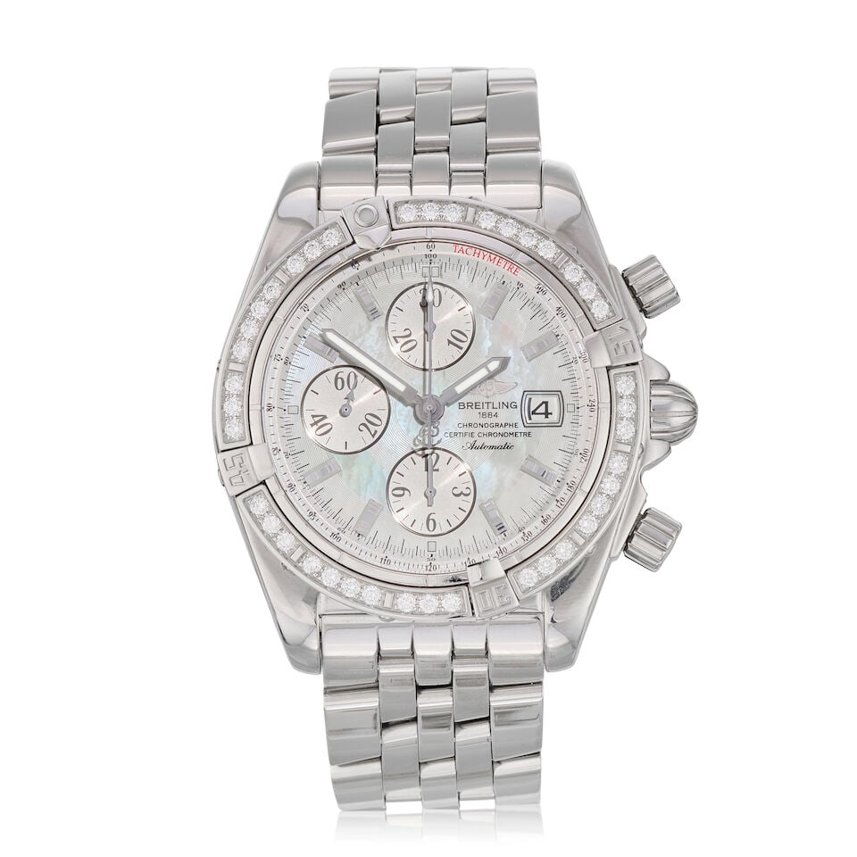 Breitling. A stainless steel diamond-set automatic calendar chronograph bracelet watch with Moth...: Breitling. A stainless steel diamond-set automatic calendar chronograph bracelet watch with Mother of Pearl dial Model: Chronomat Reference: A13356 Date: Purchased 20th December 2007 Movement: