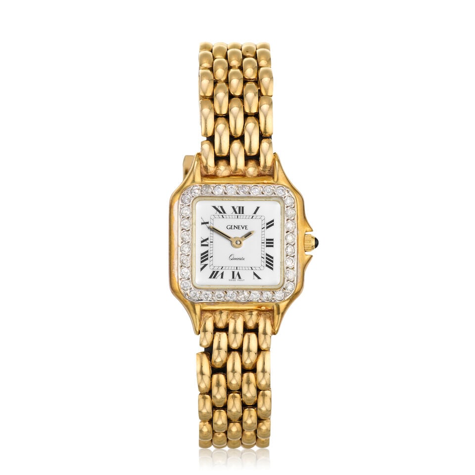 Geneve. A lady's 14K gold and diamond set quartz bracelet watch Circa 1990: Geneve. A lady's 14K gold and diamond set quartz bracelet watch Date: Circa 1990 Movement: 1-jewel Ronda quartz Dial: White Case: Brushed and polished square form, diamond set bezel Strap/Bracelet: