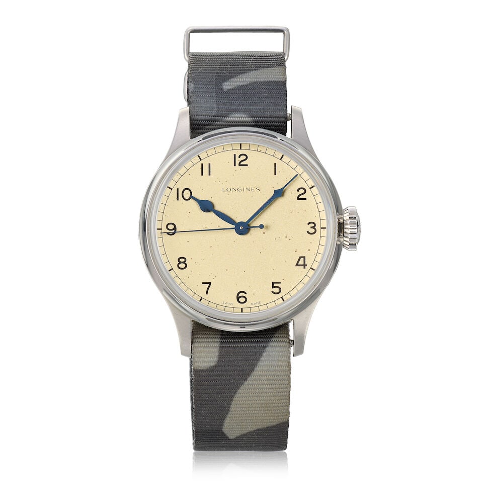 Longines. A stainless steel automatic wristwatch Heritage Military , Ref: L2.819.4, Purchased 2...: Longines. A stainless steel automatic wristwatch Model: Heritage Military Reference: L2.819.4 Date: Purchased 20th March 2019 Movement: Jewell Cal.L888.5 automatic Dial: Speckled cream Case: Brushed