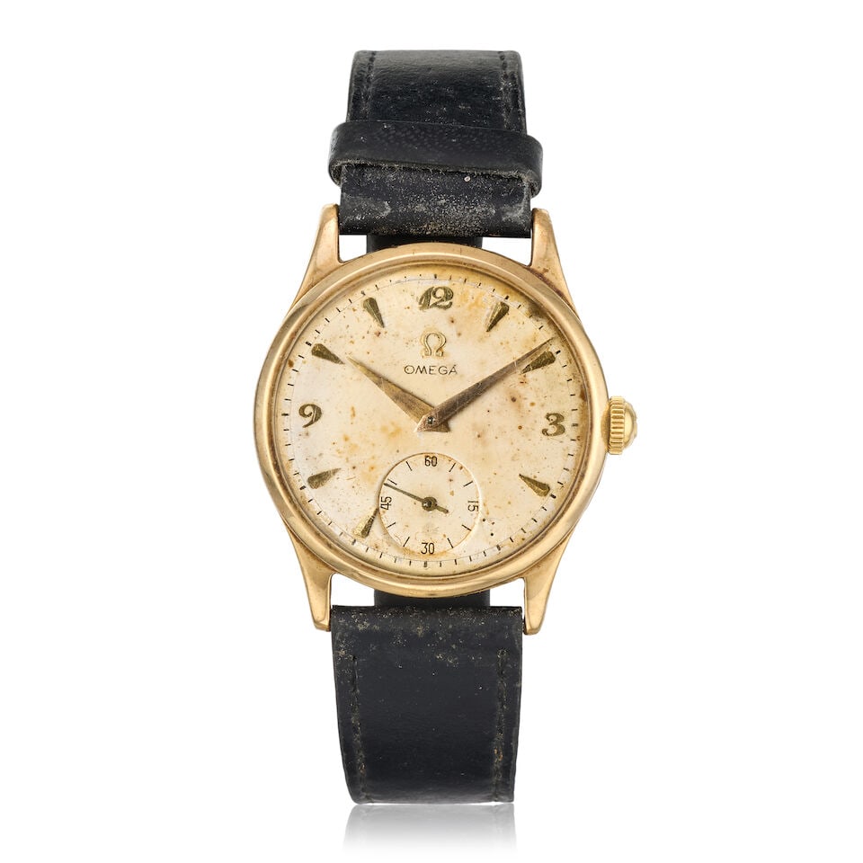 Omega. A 9K gold manual wind wristwatchRef: 13322, Birmingham Hallmark for 1953: Omega. A 9K gold manual wind wristwatch Reference: 13322 Date: Birmingham Hallmark for 1953 Movement: 17-jewel Cal.266 manual wind, No.13269444 Dial: Silvered Case: Polished round, No.529061 Strap/Bra