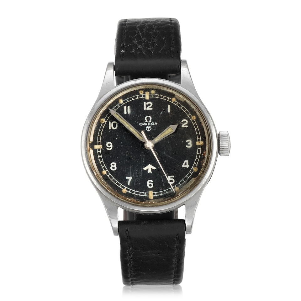 Omega. A stainless steel military issued manual wind wristwatch Ref: 2777-1 SC, Circa 1953: Omega. A stainless steel military issued manual wind wristwatch Reference: 2777-1 SC Date: Circa 1953 Movement: 17-jewel Cal.283 manual wind, No.12999930 Dial: Black, white broad arrow, tritium 'T' in